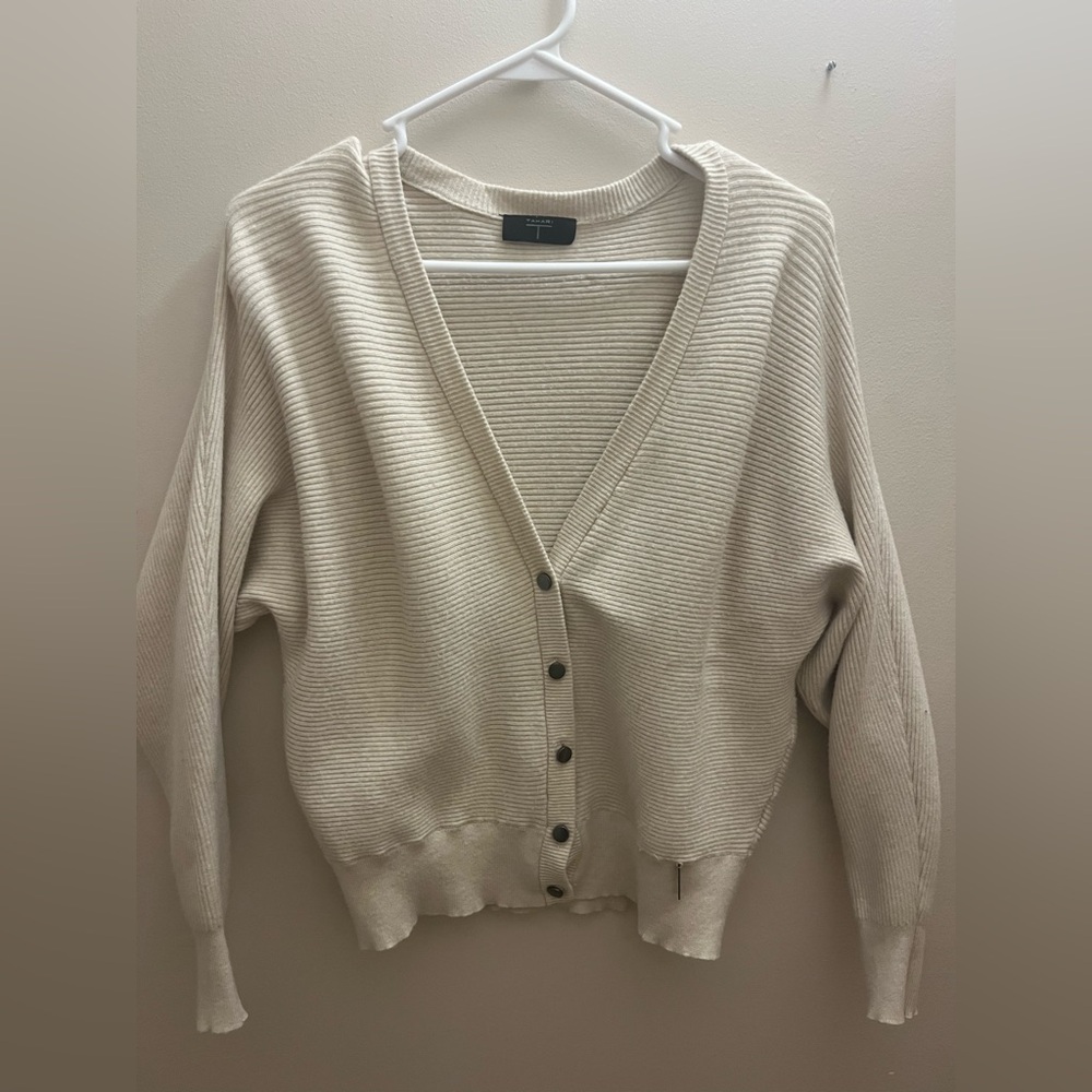 T Tahari Beige Button-Up Cardigan